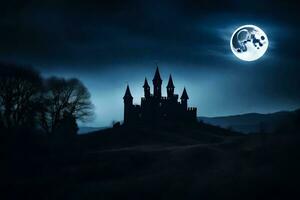 a castle in the dark with a full moon. AI-Generated photo