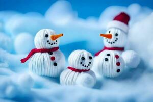 three snowmen are sitting on a blue background. AI-Generated photo