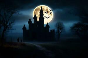 halloween castle with bats flying over it at night. AI-Generated photo