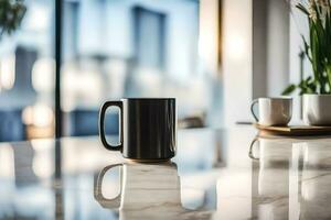 a black coffee mug on a marble counter top. AI-Generated photo