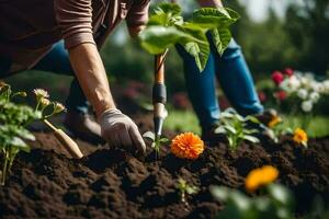 un mujer es plantando flores en el jardín. generado por ai foto