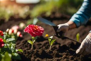 a person is using a pair of gardening gloves to cut flowers. AI-Generated photo