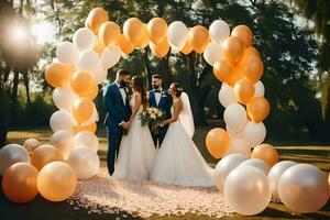 wedding couple in the park with white and orange balloons. AI-Generated photo