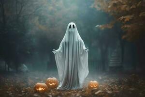 Human in spooky ghosts costume flying inside the old house at night. Spooky halloween background with ghost. Ghost on halloween celebration concept by AI generated photo