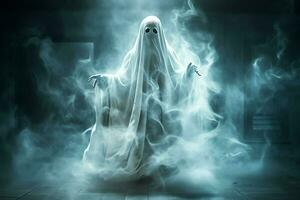 Human in spooky ghosts costume flying inside the old house at night. Spooky halloween background with ghost. Ghost on halloween celebration concept by AI generated photo