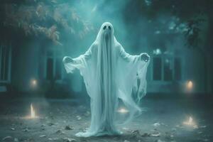 Human in spooky ghosts costume flying inside the old house at night. Spooky halloween background with ghost. Ghost on halloween celebration concept by AI generated photo