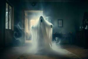 Human in spooky ghosts costume flying inside the old house at night. Spooky halloween background with ghost. Ghost on halloween celebration concept by AI generated photo