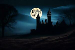 a castle with bats flying over it at night. AI-Generated photo