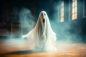 Human in spooky ghosts costume flying inside the old house at night. Spooky halloween background with ghost. Ghost on halloween celebration concept by AI generated photo