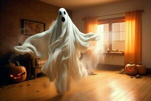 Human in spooky ghosts costume flying inside the old house at night. Spooky halloween background with ghost. Ghost on halloween celebration concept by AI generated photo