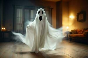 Human in spooky ghosts costume flying inside the old house at night. Spooky halloween background with ghost. Ghost on halloween celebration concept by AI generated photo