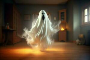 Human in spooky ghosts costume flying inside the old house at night. Spooky halloween background with ghost. Ghost on halloween celebration concept by AI generated photo