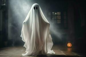 Human in spooky ghosts costume flying inside the old house at night. Spooky halloween background with ghost. Ghost on halloween celebration concept by AI generated photo