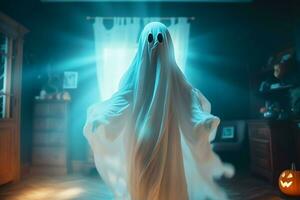 Human in spooky ghosts costume flying inside the old house at night. Spooky halloween background with ghost. Ghost on halloween celebration concept by AI generated photo