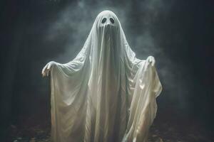 Human in spooky ghosts costume flying inside the old house at night. Spooky halloween background with ghost. Ghost on halloween celebration concept by AI generated photo