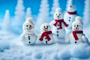 un grupo de muñecos de nieve en un nieve cubierto campo. generado por ai foto