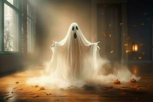 Human in spooky ghosts costume flying inside the old house at night. Spooky halloween background with ghost. Ghost on halloween celebration concept by AI generated photo