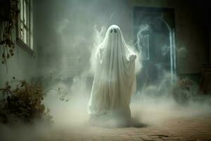 Human in spooky ghosts costume flying inside the old house at night. Spooky halloween background with ghost. Ghost on halloween celebration concept by AI generated photo