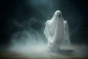 Human in spooky ghosts costume flying inside the old house at night. Spooky halloween background with ghost. Ghost on halloween celebration concept by AI generated photo