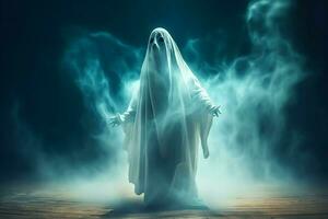 Human in spooky ghosts costume flying inside the old house at night. Spooky halloween background with ghost. Ghost on halloween celebration concept by AI generated photo