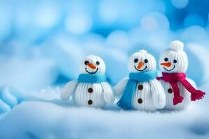 Tres muñecos de nieve vistiendo bufandas y sombreros. generado por ai foto