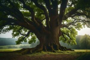 un antiguo roble árbol en el medio de un campo. generado por ai foto