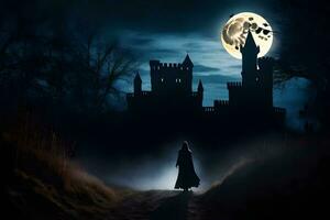 a man in a cloak walks through a dark forest at night. AI-Generated photo