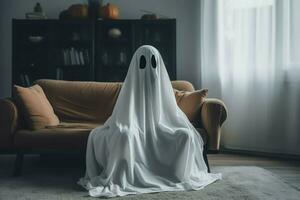 Human in spooky ghosts costume flying inside the old house at night. Spooky halloween background with ghost. Ghost on halloween celebration concept by AI generated photo