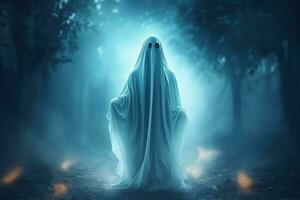 Human in spooky ghosts costume flying inside the old house at night. Spooky halloween background with ghost. Ghost on halloween celebration concept by AI generated photo