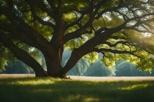 un grande árbol en el medio de un campo. generado por ai foto