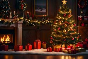 christmas tree in a room with presents and a fireplace. AI-Generated photo