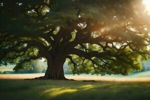 el Dom brilla mediante el ramas de un roble árbol. generado por ai foto