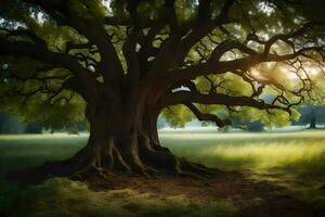 el Dom brilla mediante el hojas de un antiguo roble árbol. generado por ai foto