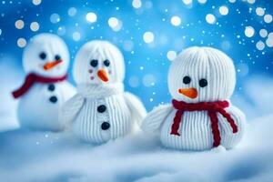 three snowmen are standing in the snow. AI-Generated photo