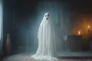 Human in spooky ghosts costume flying inside the old house at night. Spooky halloween background with ghost. Ghost on halloween celebration concept by AI generated photo