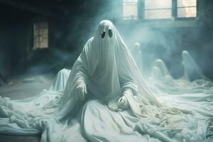 Human in spooky ghosts costume flying inside the old house at night. Spooky halloween background with ghost. Ghost on halloween celebration concept by AI generated photo