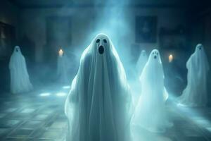 Human in spooky ghosts costume flying inside the old house at night. Spooky halloween background with ghost. Ghost on halloween celebration concept by AI generated photo