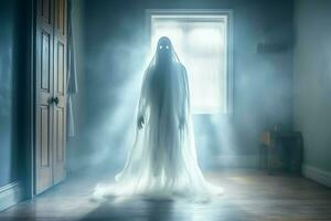 Human in spooky ghosts costume flying inside the old house at night. Spooky halloween background with ghost. Ghost on halloween celebration concept by AI generated photo