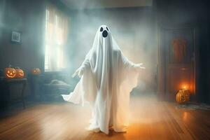 Human in spooky ghosts costume flying inside the old house at night. Spooky halloween background with ghost. Ghost on halloween celebration concept by AI generated photo