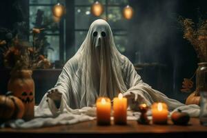 Human in spooky ghosts costume flying inside the old house at night. Spooky halloween background with ghost. Ghost on halloween celebration concept by AI generated photo