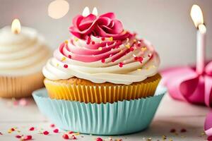 a cupcake with pink frosting and candles on a table. AI-Generated photo