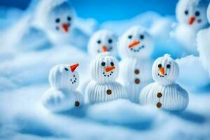 snowmen are made of knit wool and are sitting in the snow. AI-Generated photo