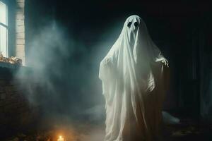 Human in spooky ghosts costume flying inside the old house at night. Spooky halloween background with ghost. Ghost on halloween celebration concept by AI generated photo