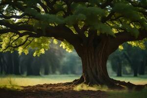 un grande árbol en el medio de un campo. generado por ai foto