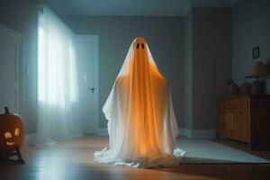 Human in spooky ghosts costume flying inside the old house at night. Spooky halloween background with ghost. Ghost on halloween celebration concept by AI generated photo