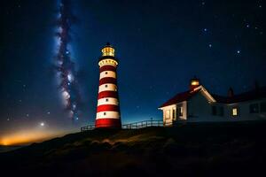 a lighthouse and the milky way over the ocean. AI-Generated photo