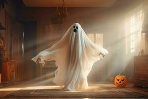 Human in spooky ghosts costume flying inside the old house at night. Spooky halloween background with ghost. Ghost on halloween celebration concept by AI generated photo