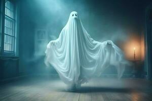 Human in spooky ghosts costume flying inside the old house at night. Spooky halloween background with ghost. Ghost on halloween celebration concept by AI generated photo