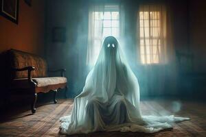 Human in spooky ghosts costume flying inside the old house at night. Spooky halloween background with ghost. Ghost on halloween celebration concept by AI generated photo