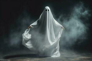 Human in spooky ghosts costume flying inside the old house at night. Spooky halloween background with ghost. Ghost on halloween celebration concept by AI generated photo